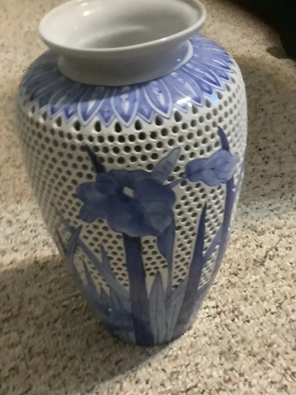 Blue Floral Pierced Ceramic Accent Vase, 12” tall